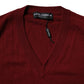 Dolce & Gabbana Maroon Cashmere V-neck Men Pullover Sweater
