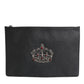 Black Calfskin Crown Embellished Clutch Pouch Bag