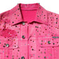 Pink Crystal Embellished Cotton Denim Jacket