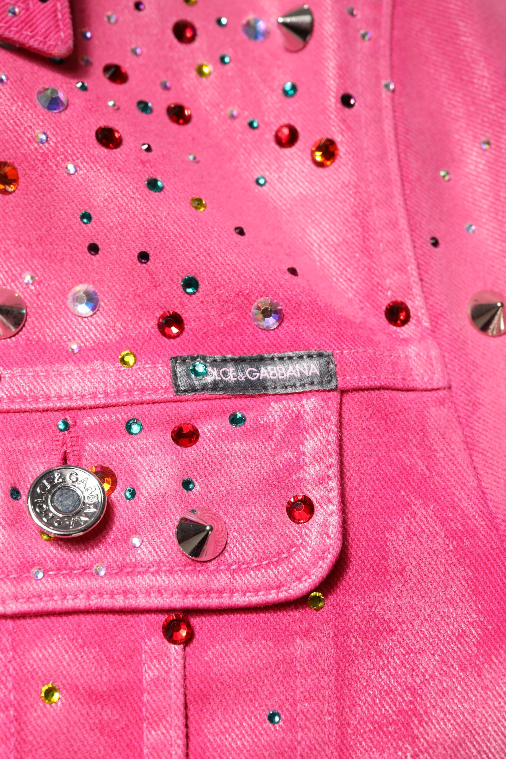 Dolce & Gabbana Pink Crystal Embellished Cotton Denim Jacket