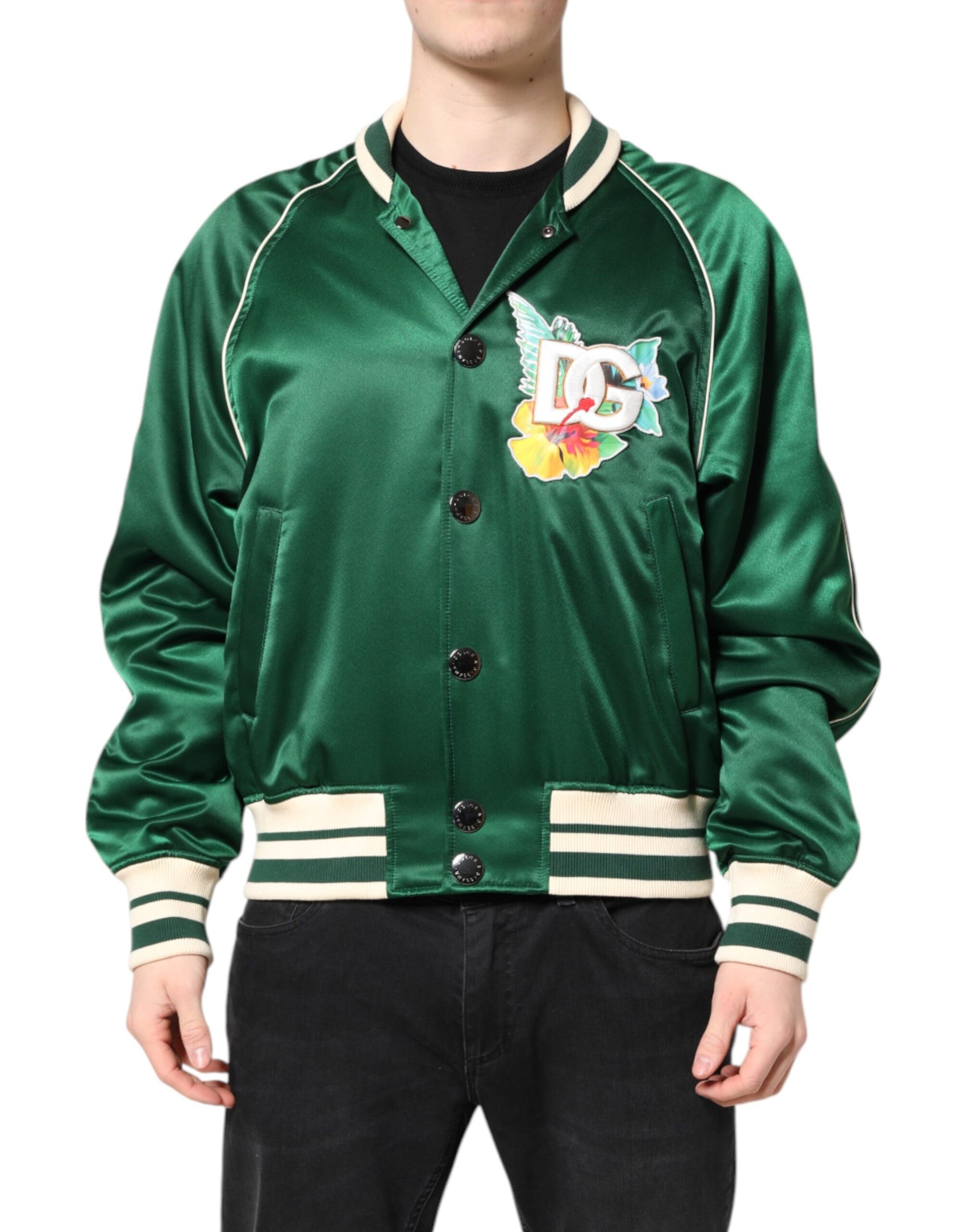 Dolce & Gabbana Green Floral DG Logo Full Zip Bomber Jacket