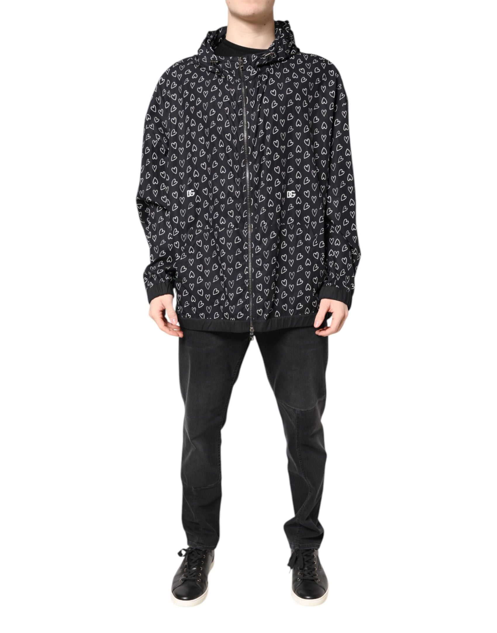 Dolce & Gabbana Black Heart Print Hooded Windbreaker Jacket