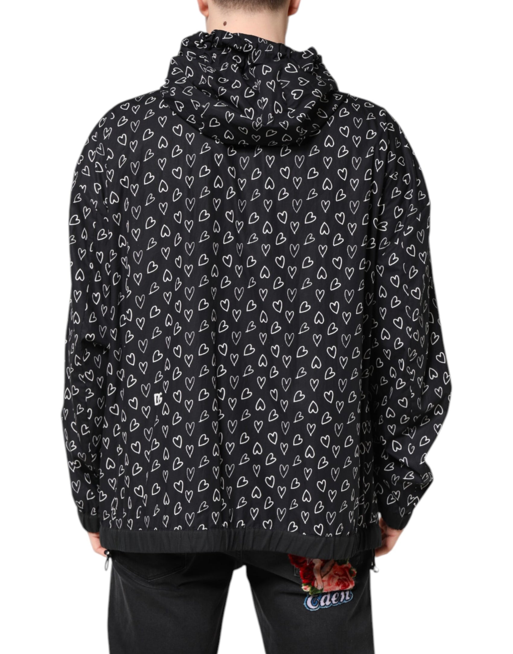 Dolce & Gabbana Black Heart Print Hooded Windbreaker Jacket
