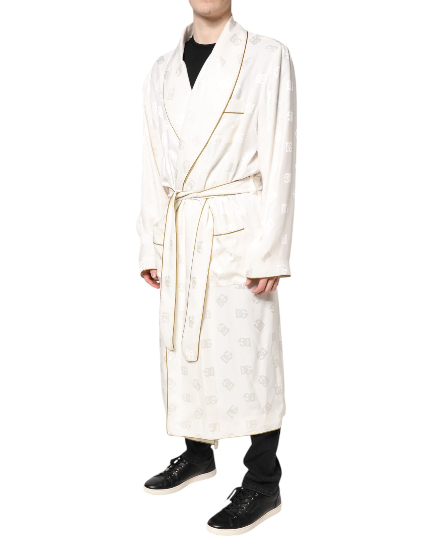 Dolce & Gabbana Ivory Silk Logo Men Wrap Robe Coat Jacket