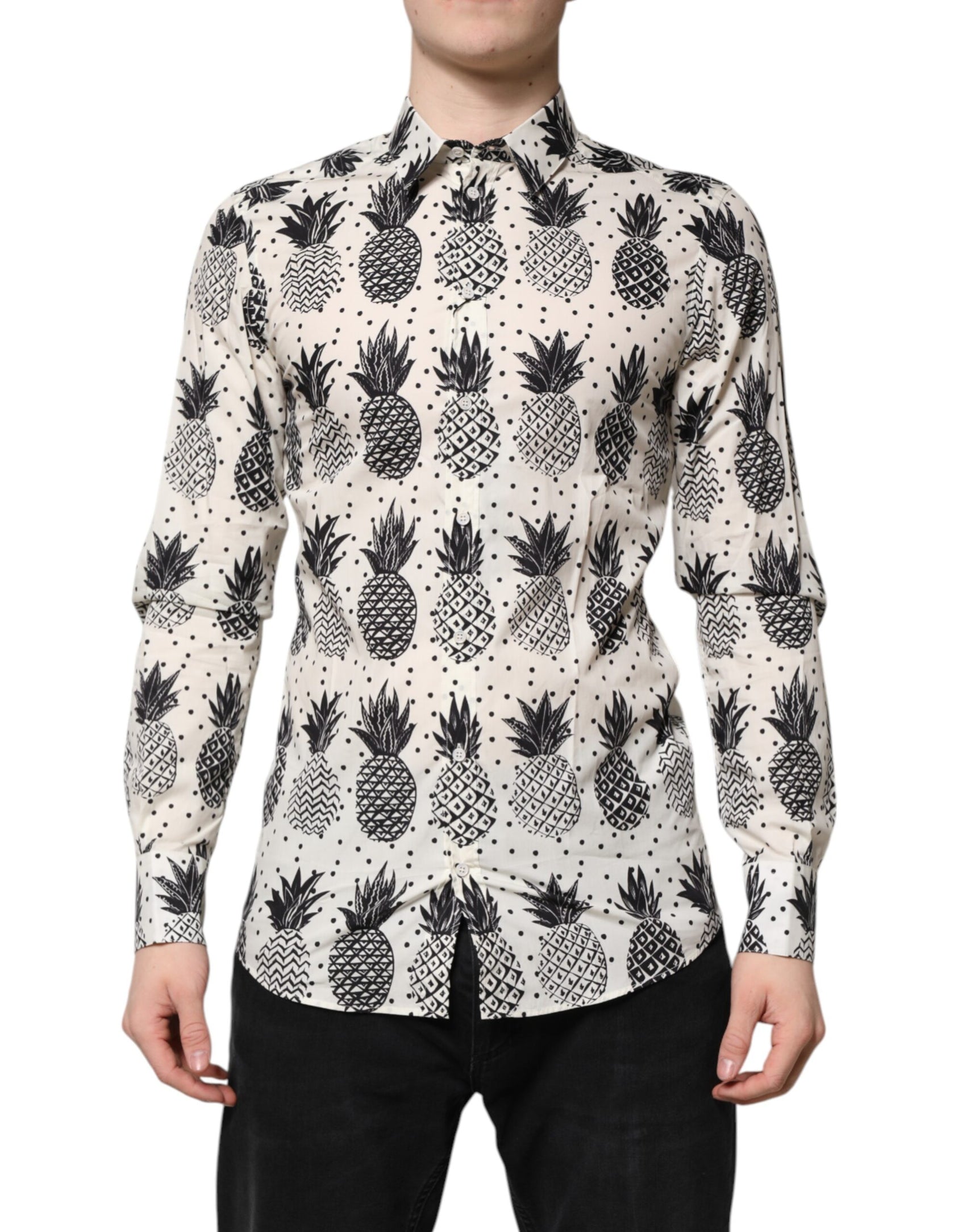 Dolce & Gabbana White Pineapple Print Long Sleeve GOLD Shirt