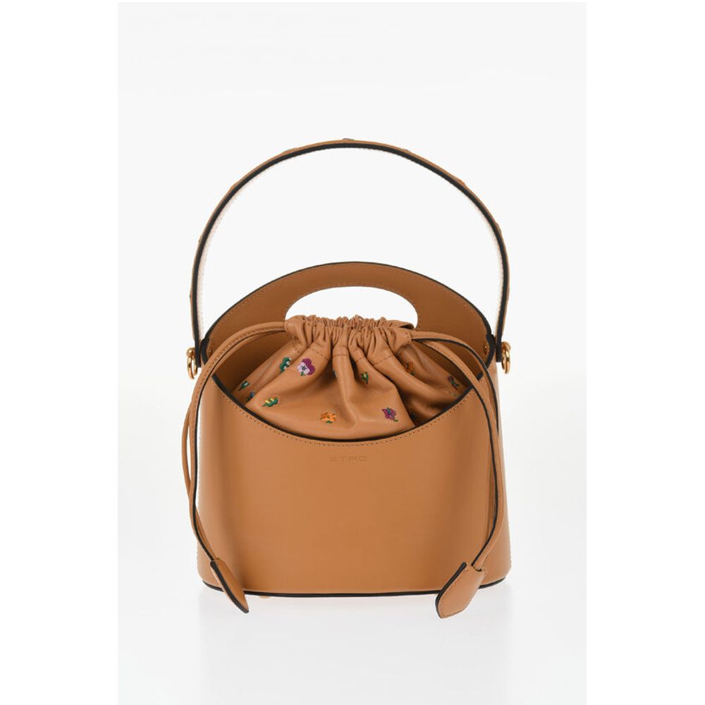Leather Bucket Bag with Embroidery Flowers