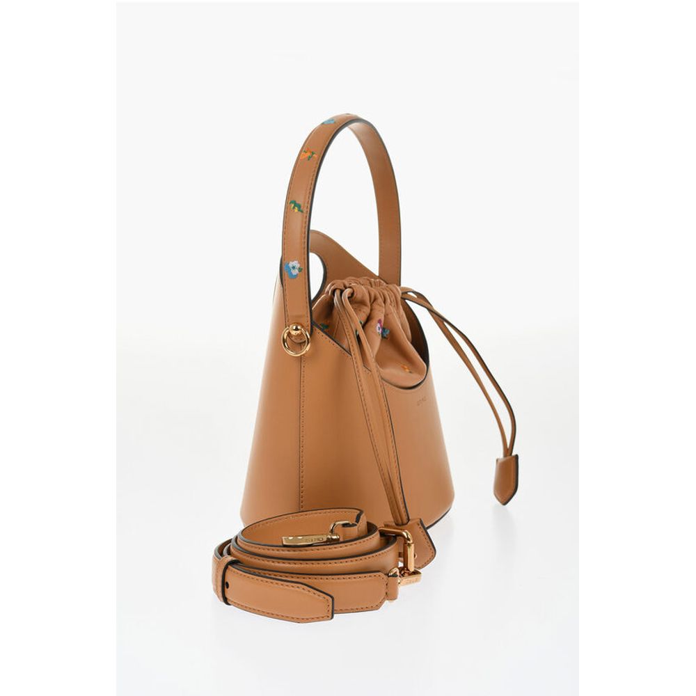 Leather Bucket Bag with Embroidery Flowers