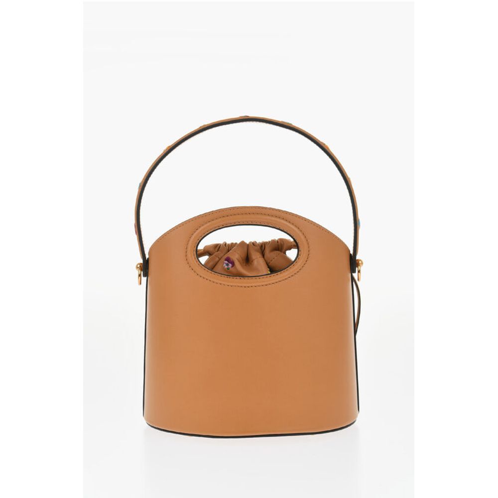 Leather Bucket Bag with Embroidery Flowers