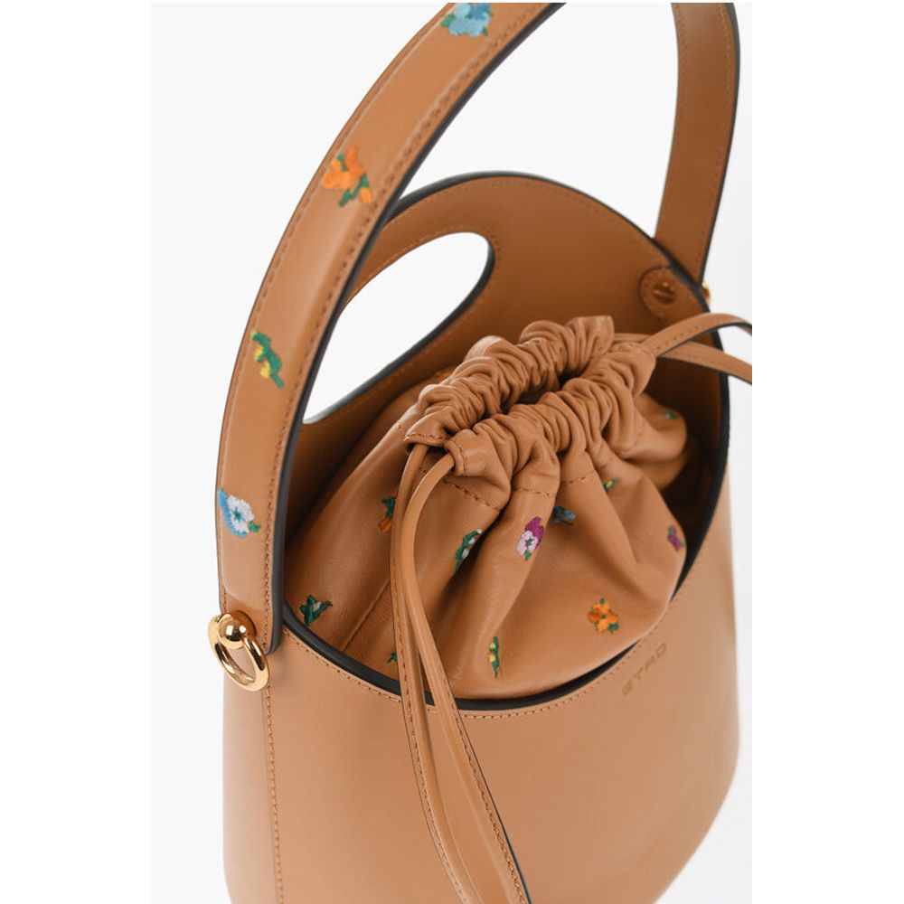 Leather Bucket Bag with Embroidery Flowers