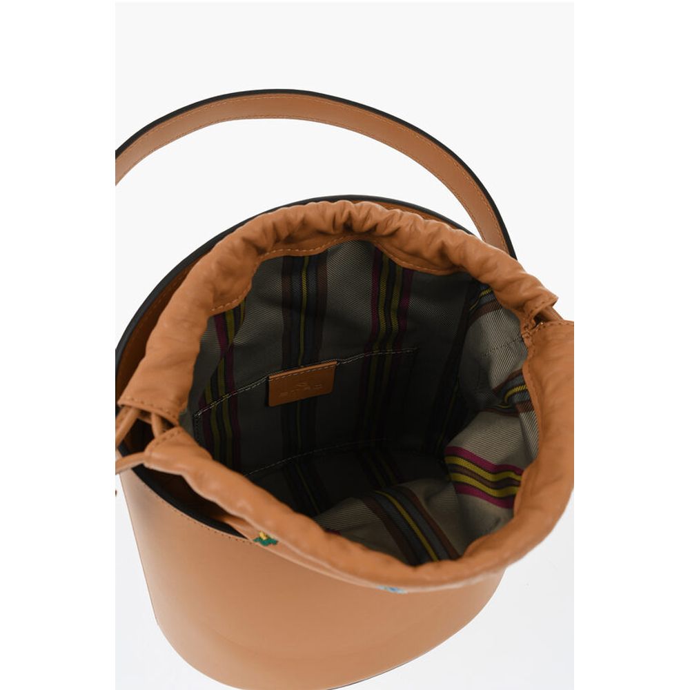 Leather Bucket Bag with Embroidery Flowers