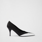 Prada Black Satin And Metallic Silver Leather Pumps
