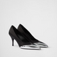 Prada Black Satin And Metallic Silver Leather Pumps