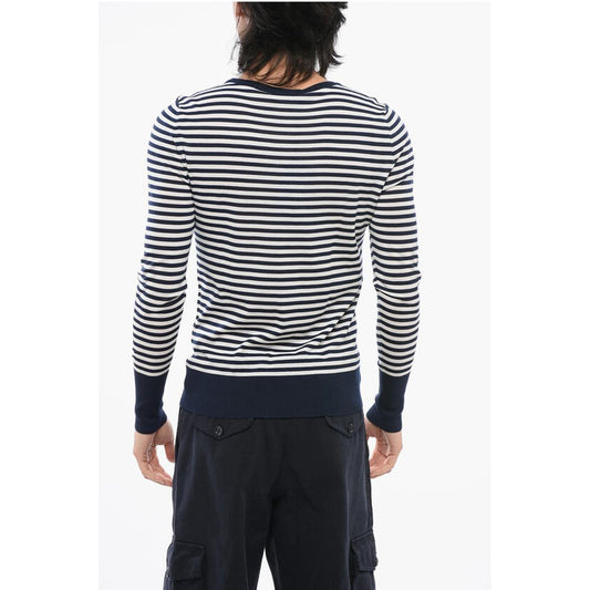Crew Neck Virgin Wool Sweater with Awning Stripe Motif