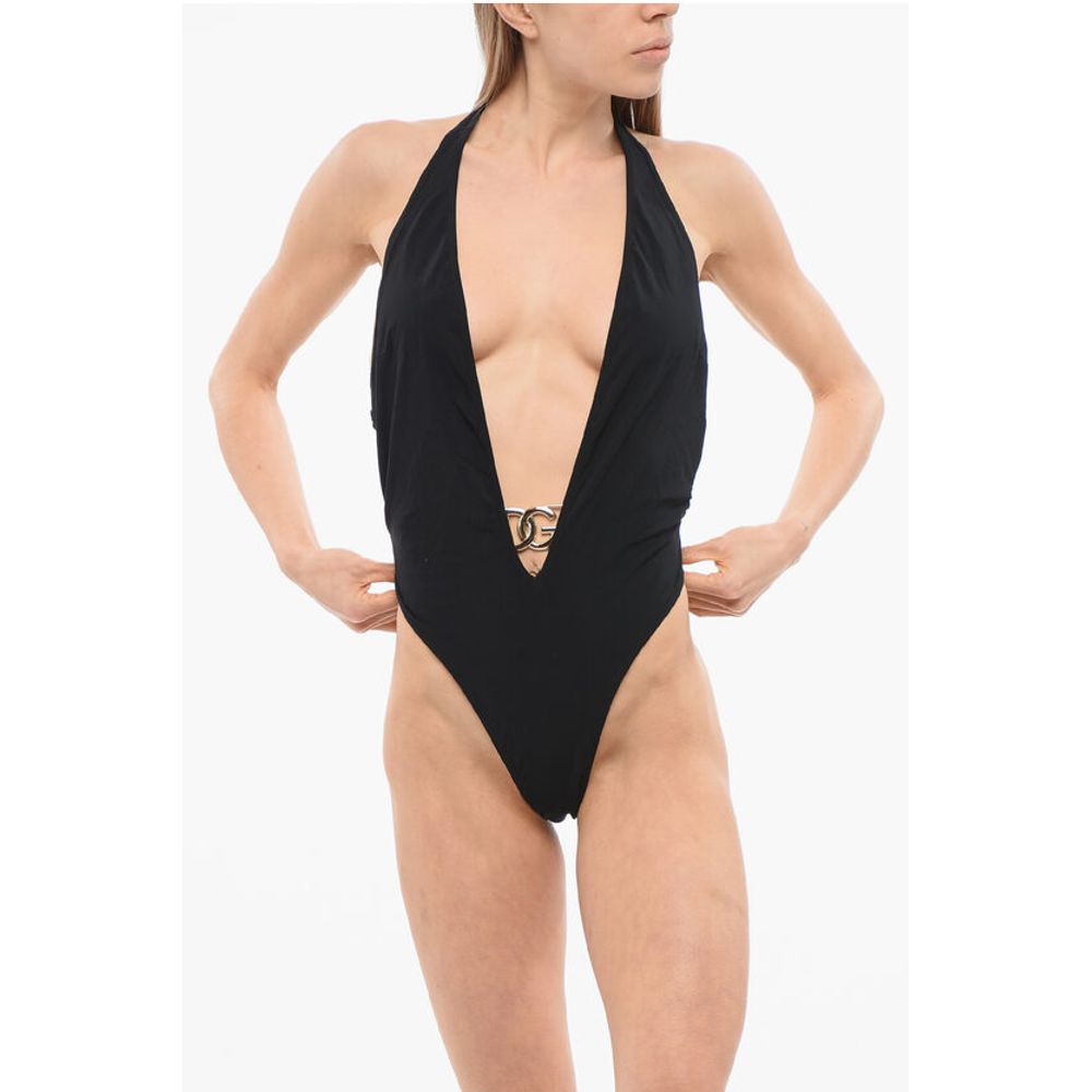 Plunging V-Neck One Piece Swimsuit with Logoed Buckle