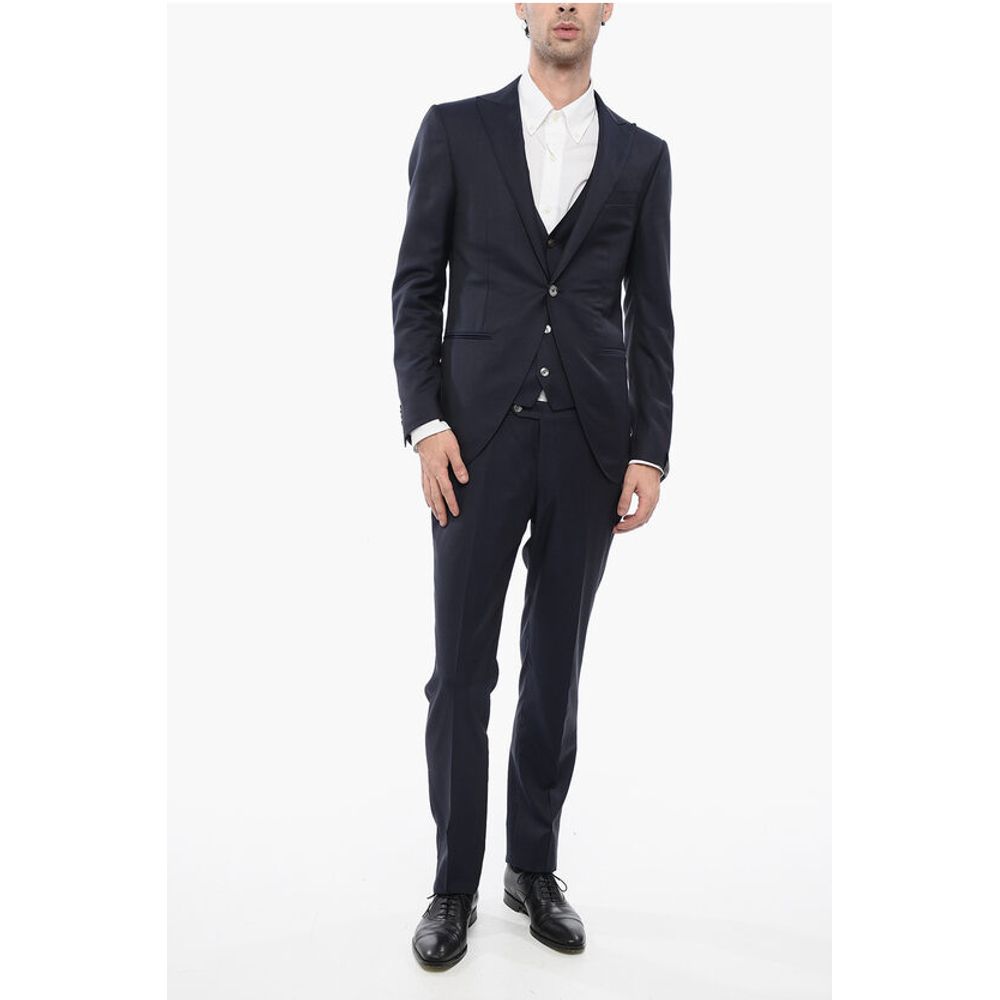 Virgin Wool and Silk Peak Lapel 3 Piece Waistcoat Suit
