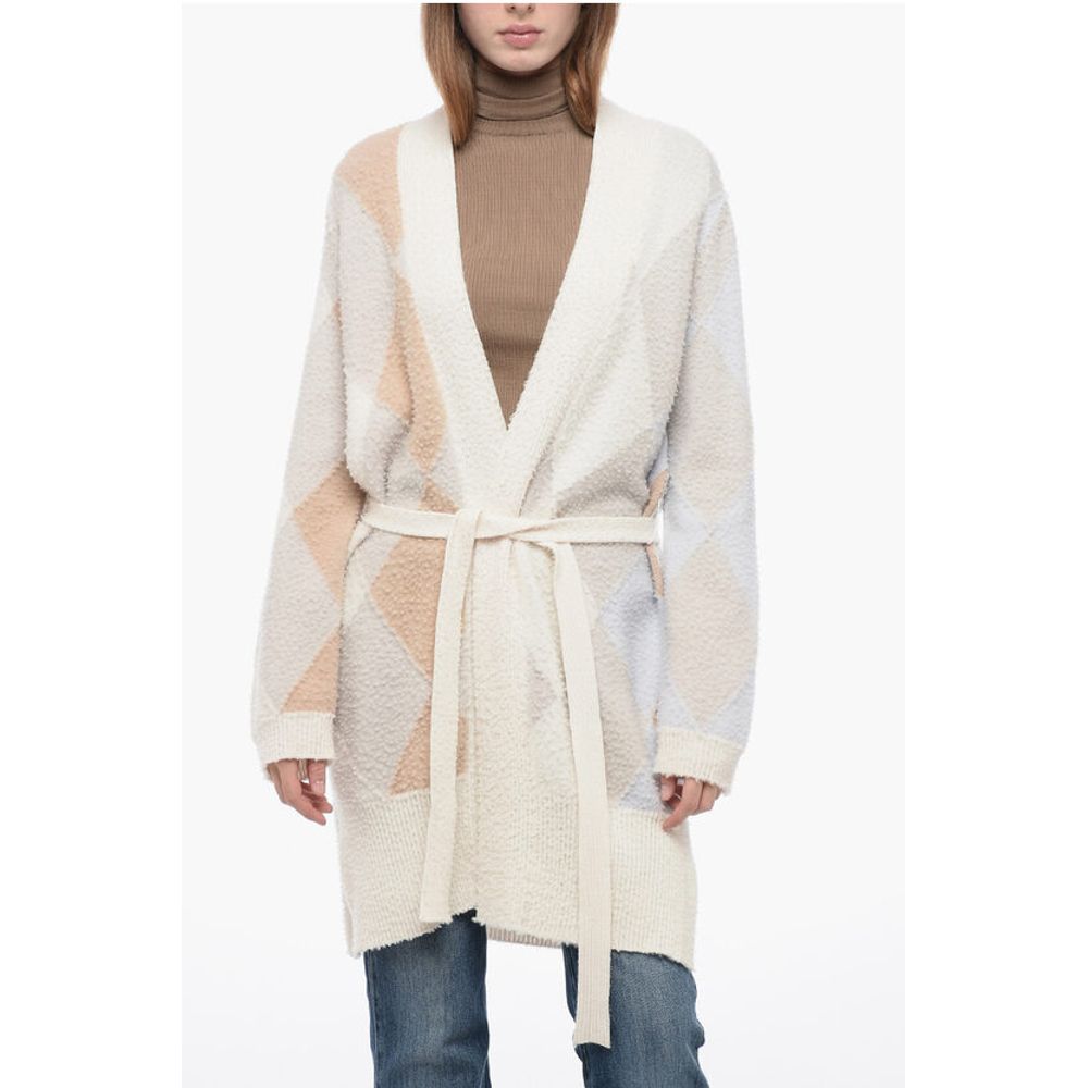 Casentino Wool Long Cardigan with Geometric Motif