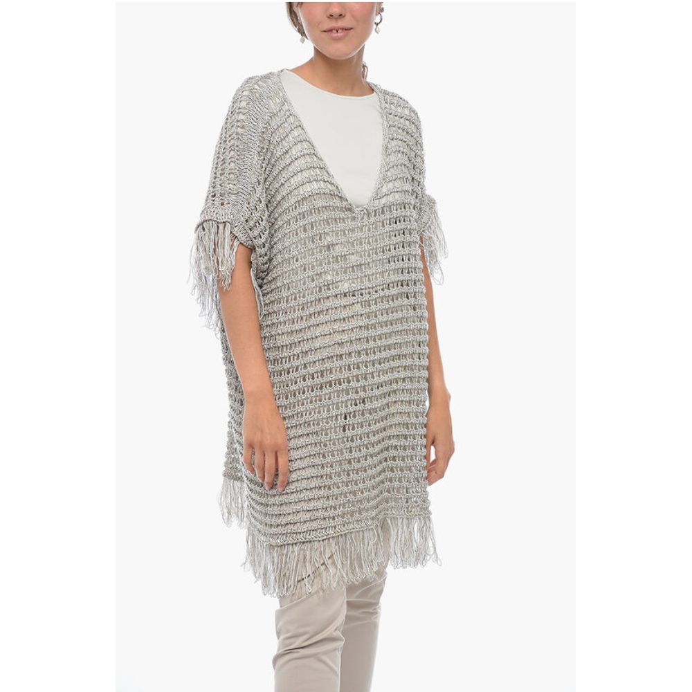 Short-sleeved Flax Blend Crochet Sweater with Fringes