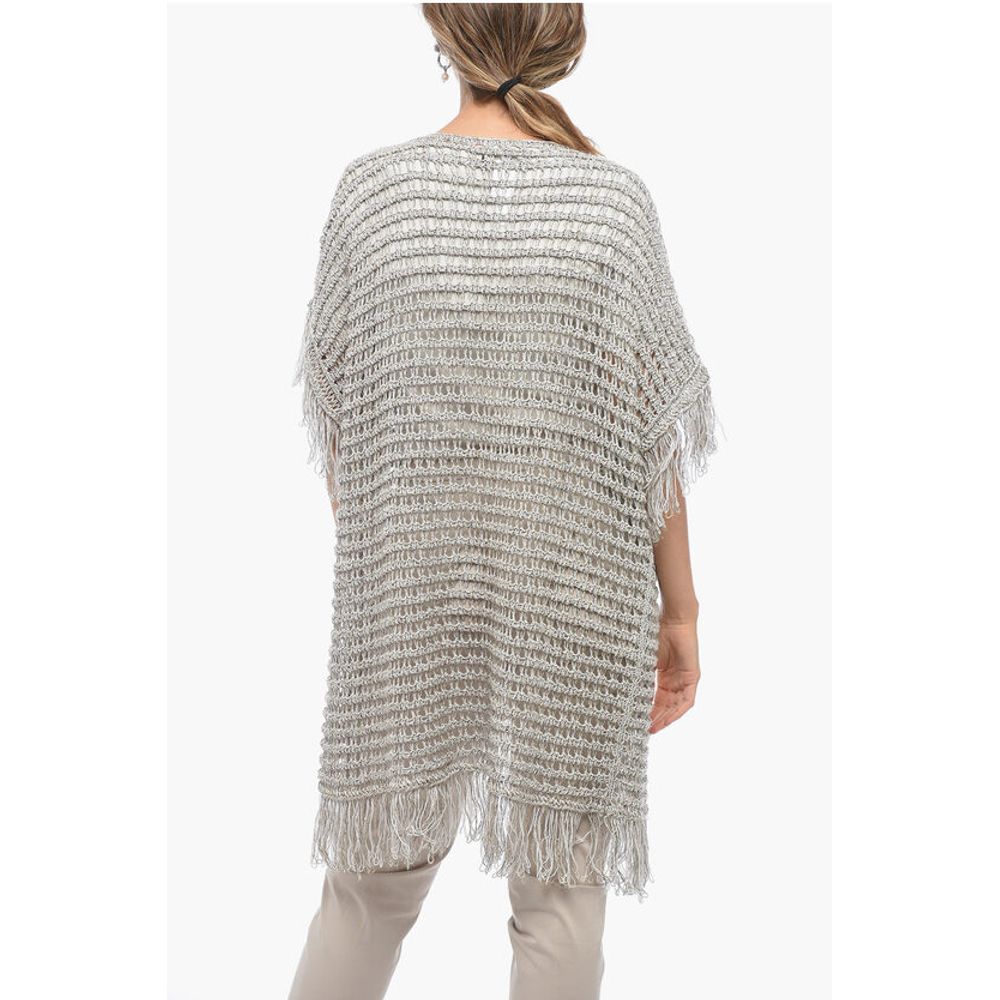 Short-sleeved Flax Blend Crochet Sweater with Fringes