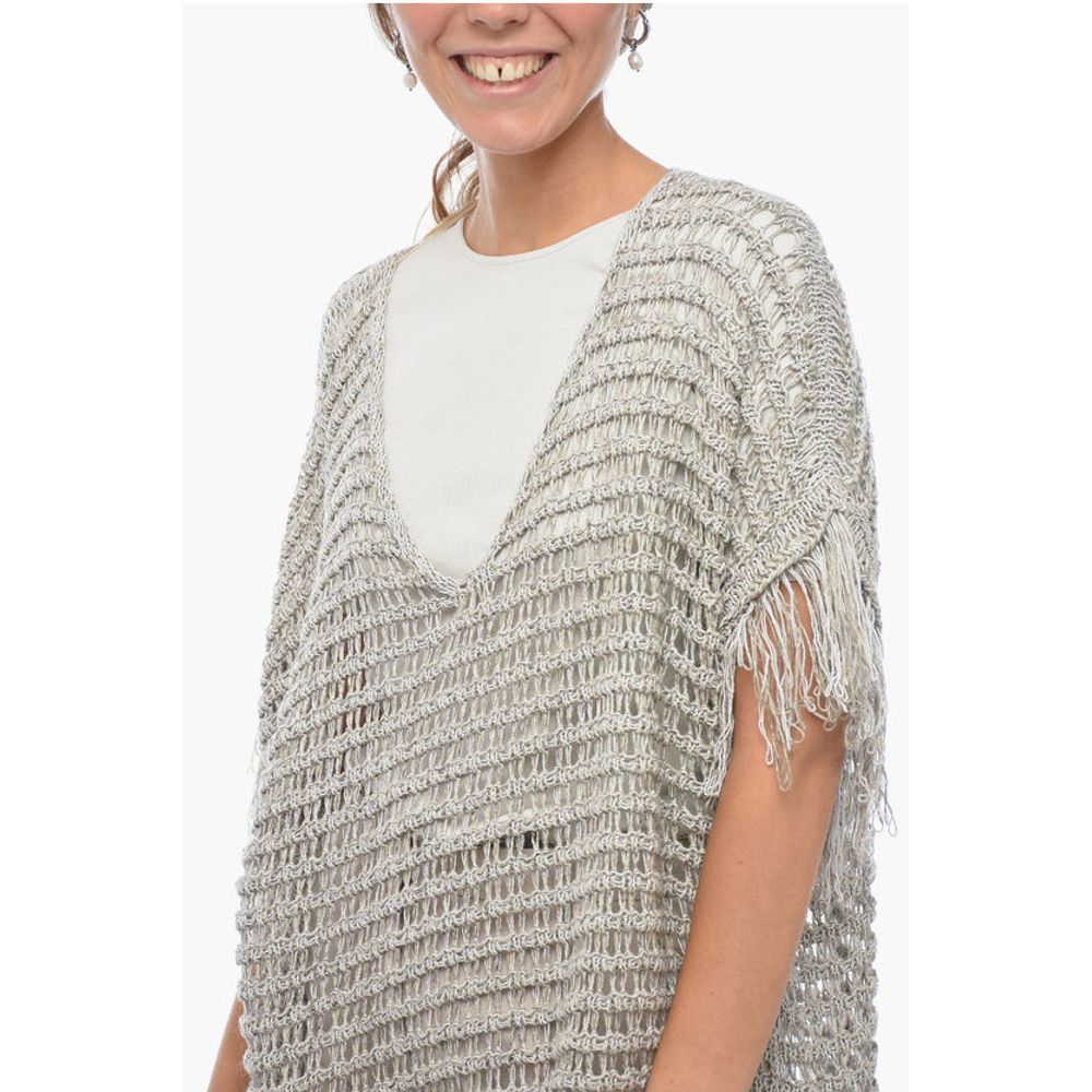 Short-sleeved Flax Blend Crochet Sweater with Fringes