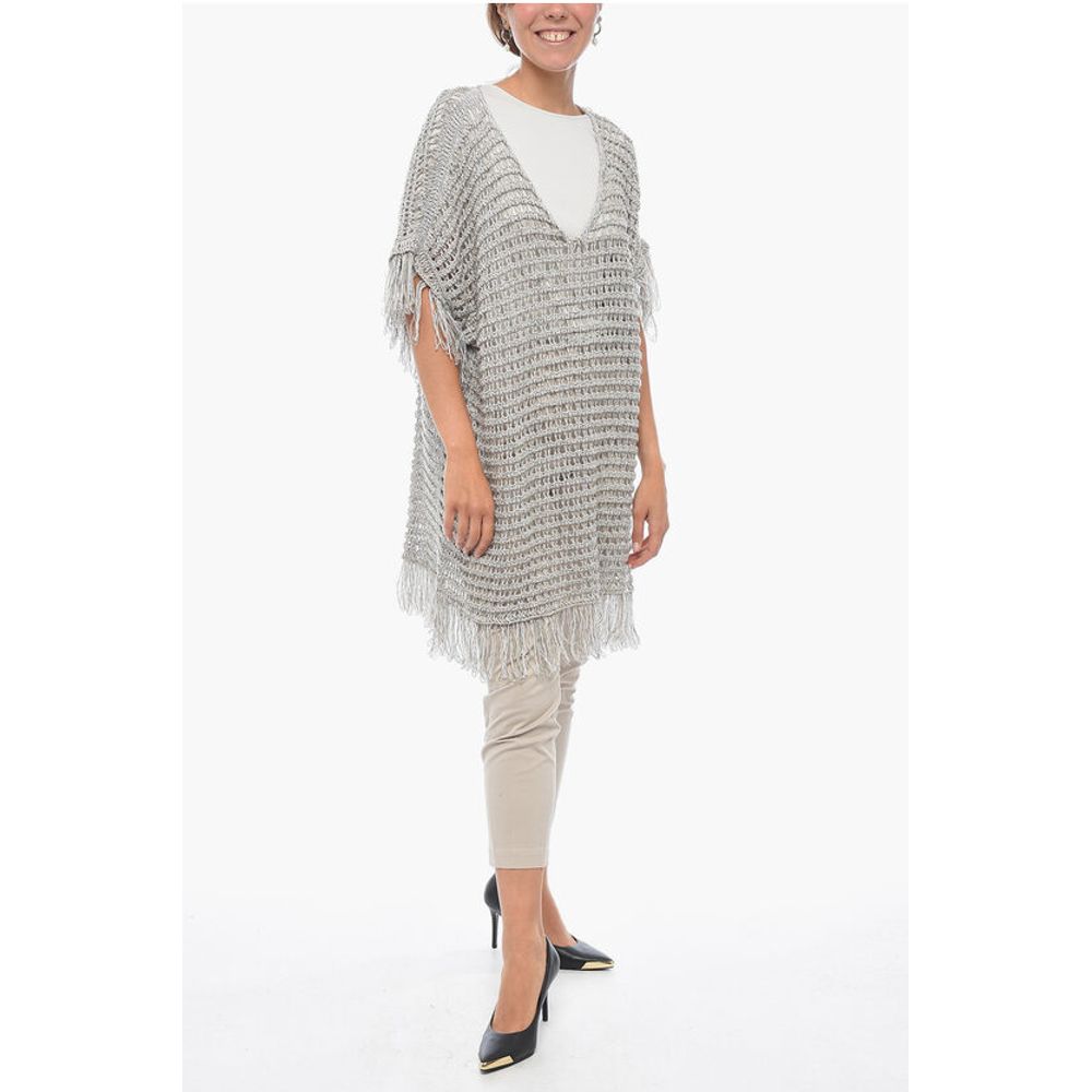 Short-sleeved Flax Blend Crochet Sweater with Fringes
