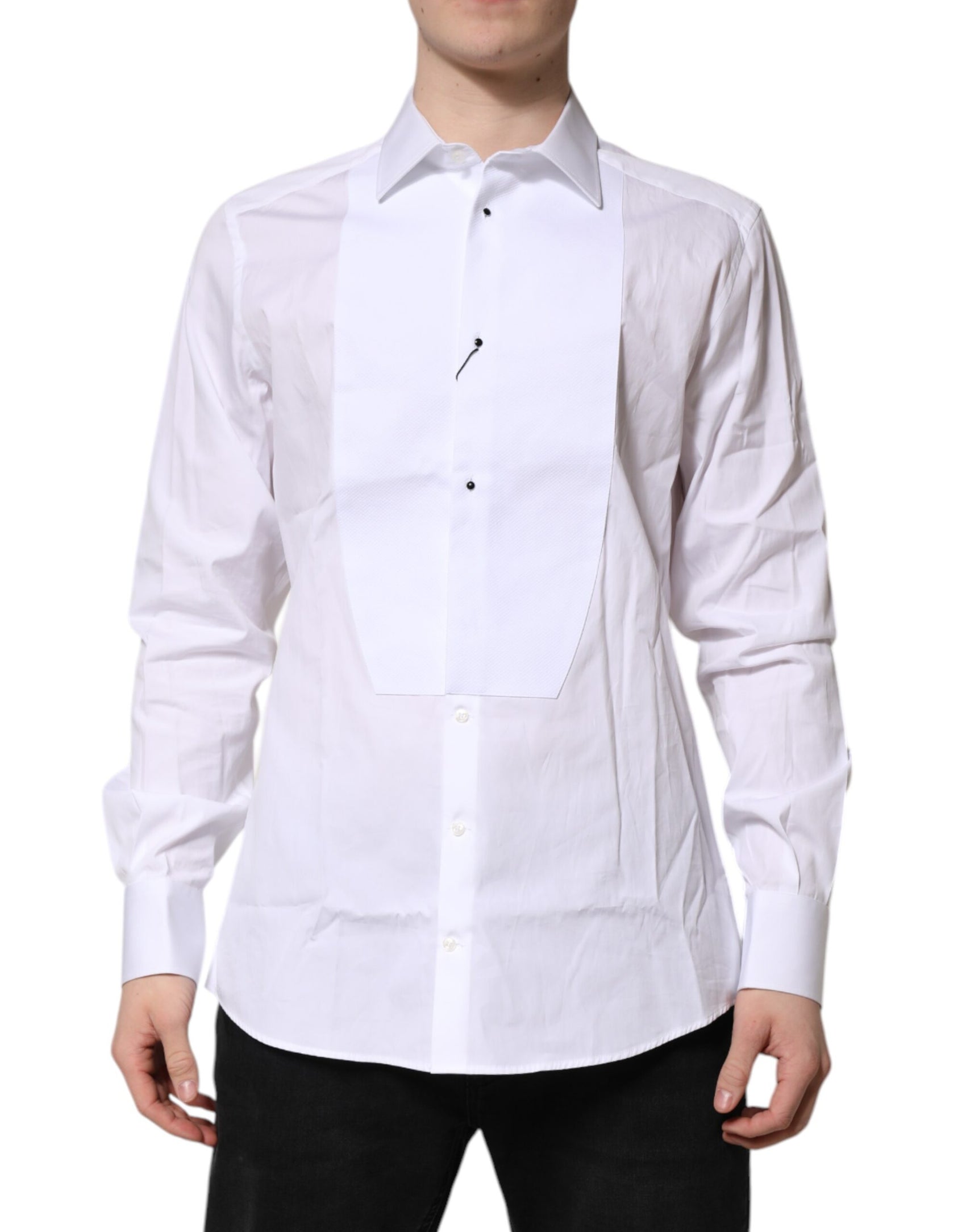 Dolce & Gabbana White Silk Bib Poplin GOLD Men Formal Shirt