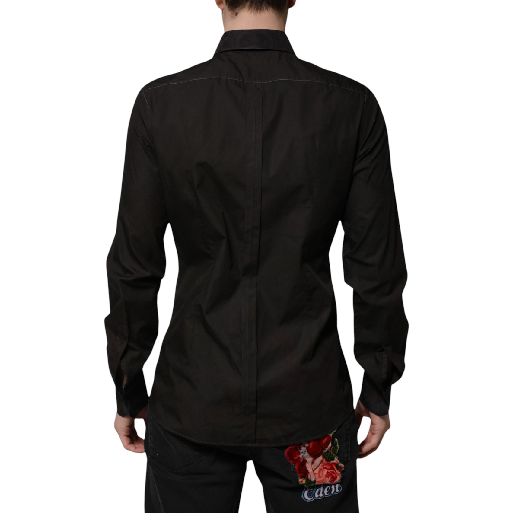 Dolce & Gabbana Black Cotton Jacquard GOLD Collar Dress Shirt
