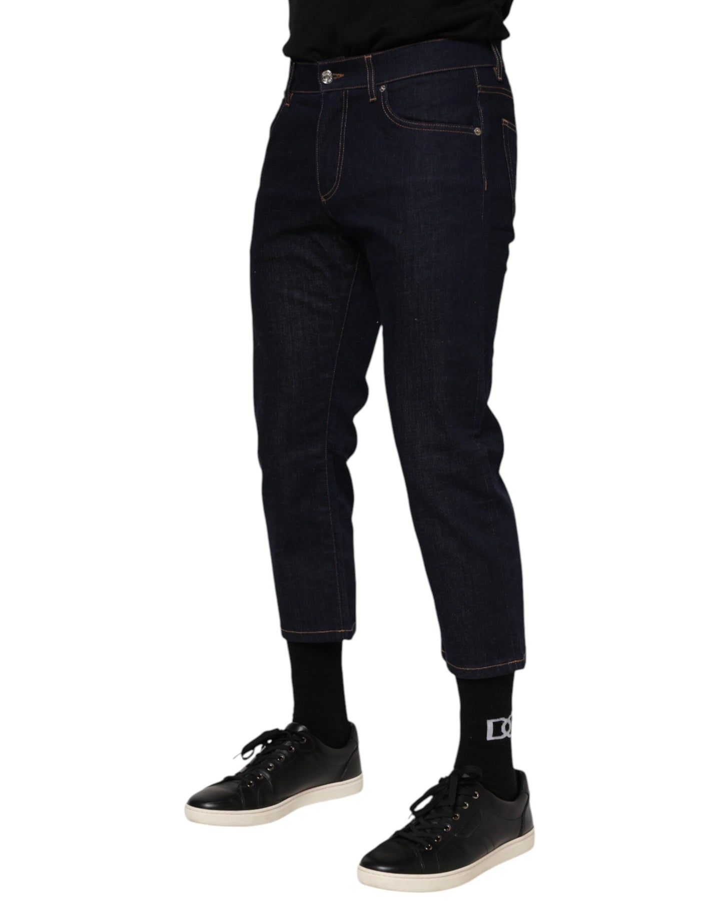 Dolce & Gabbana Dark Blue Cotton Logo Slim Fit Men Denim Jeans