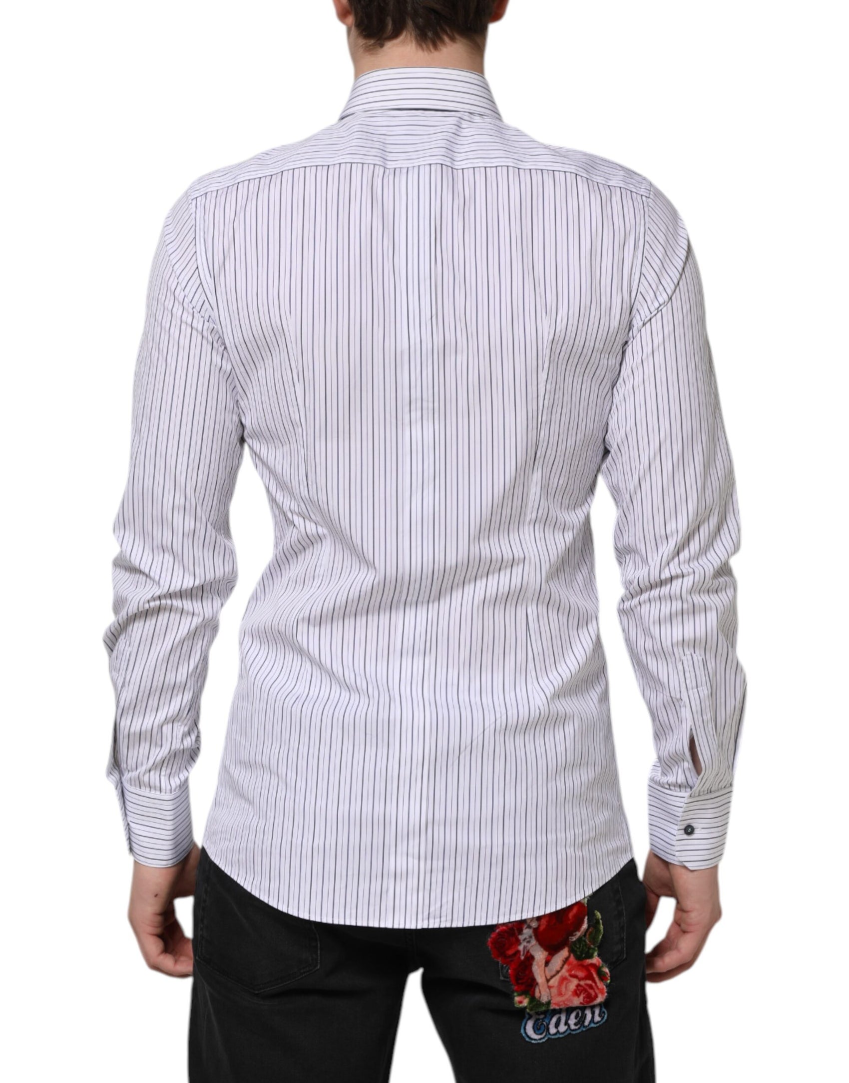 Dolce & Gabbana White Blue Striped Cotton GOLD Formal Shirt
