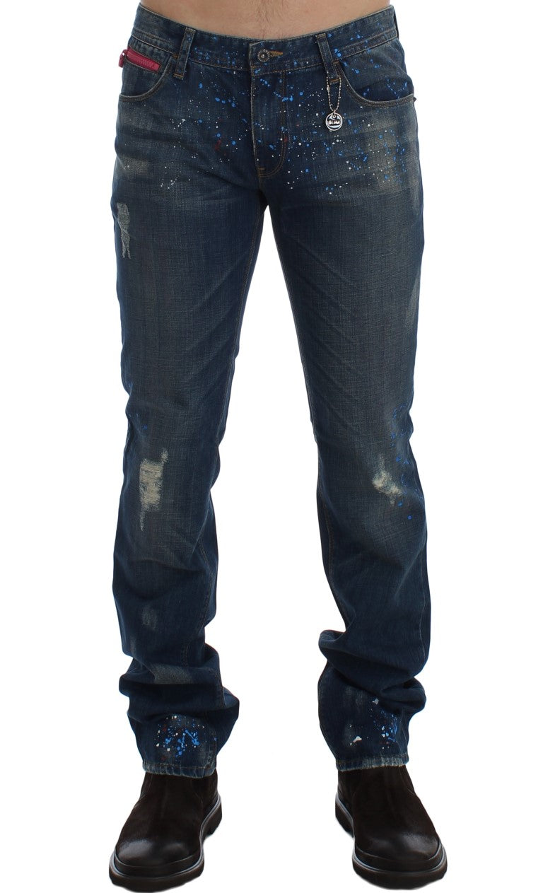 Jeans slim fit dipinti con lavaggio blu chic