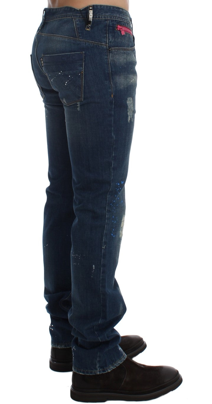 Jeans slim fit dipinti con lavaggio blu chic