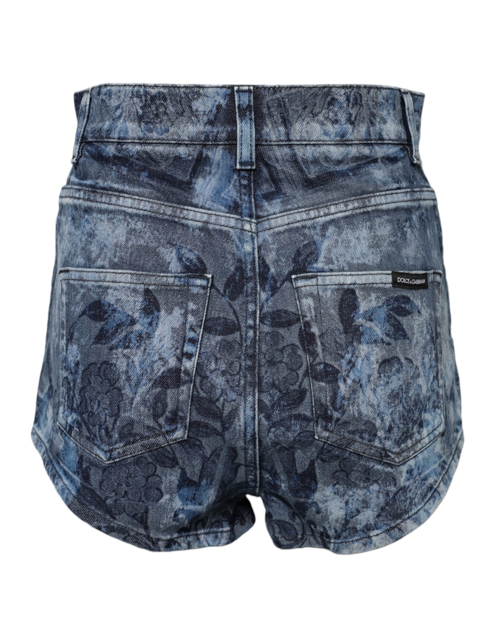 Dolce & Gabbana Blue Floral Print Denim Cotton Hot Pants Shorts