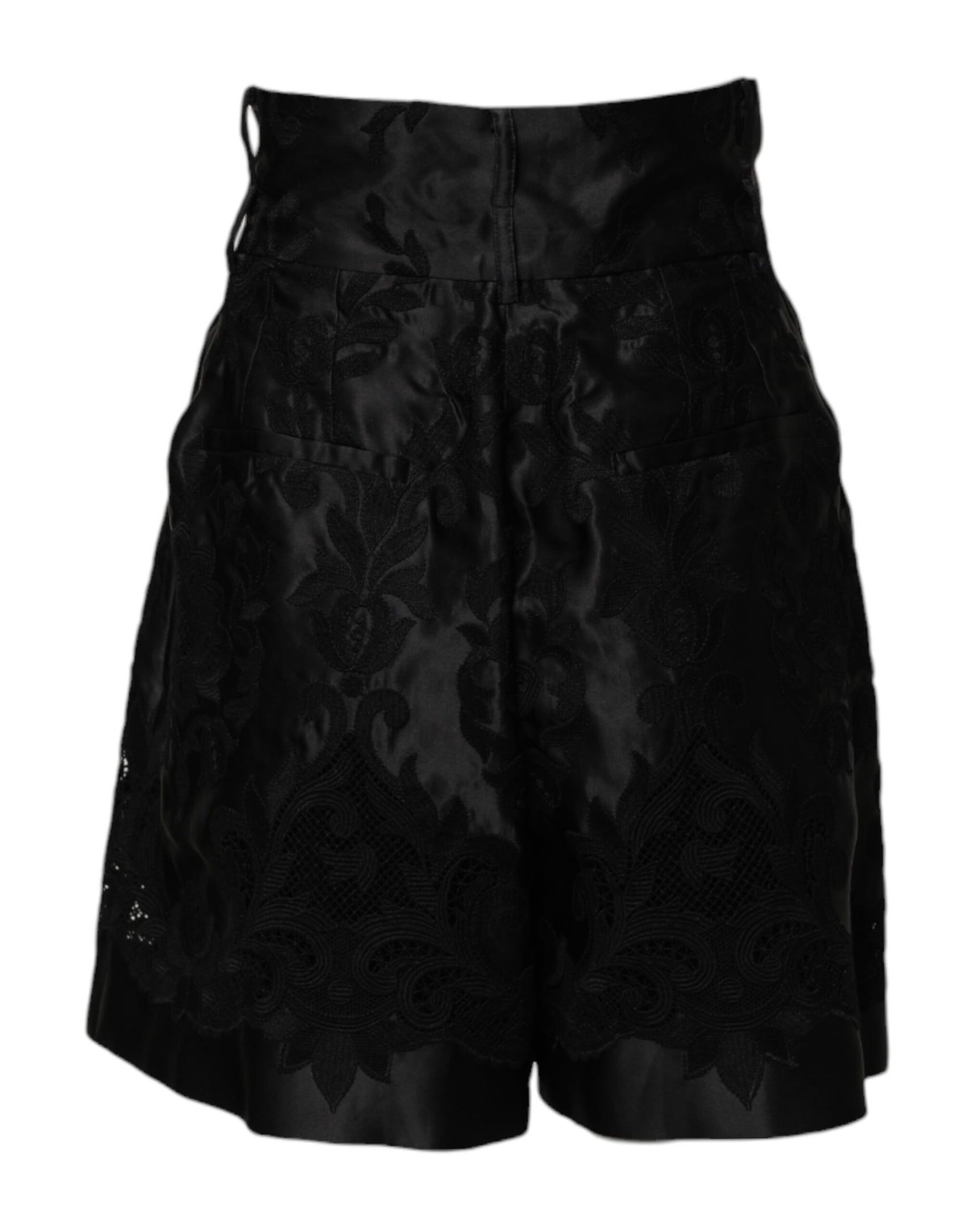 Dolce & Gabbana Black Floral Embroidery Silk High Waist Shorts