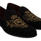 Elegante schwarze Loafer mit goldener Kronenstickerei