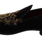 Elegante schwarze Loafer mit goldener Kronenstickerei