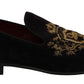 Elegante schwarze Loafer mit goldener Kronenstickerei