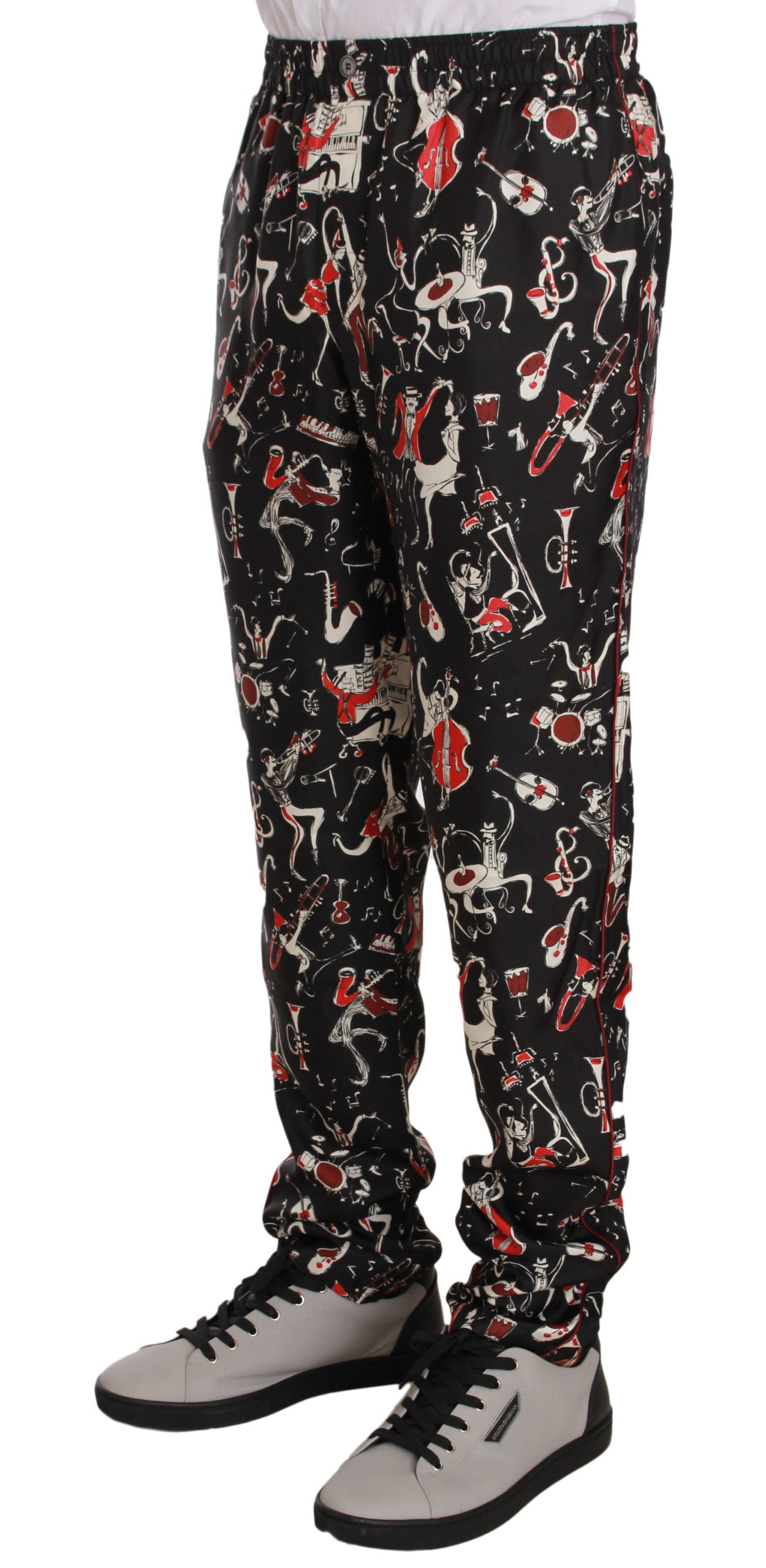 Elegante schwarze Loungehose aus Seide mit rotem Aufdruck