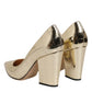 Sergio Rossi Gold Leather Pointed Toe Block Heels Shoes