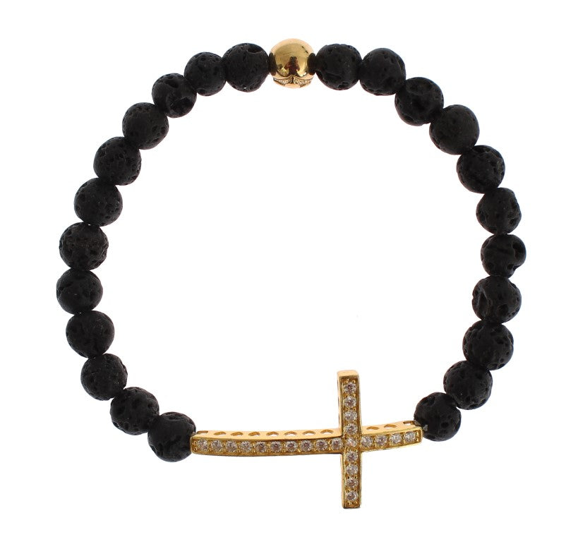 Elegante bracciale in pietra lavica nera e oro