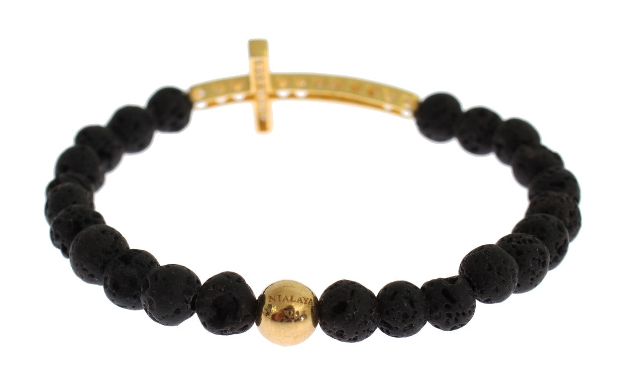 Elegante bracciale in pietra lavica nera e oro