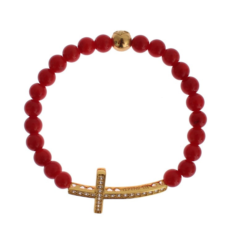 Elegante bracciale in perline di corallo rosso e oro