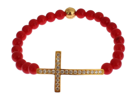 Elegante bracciale in perline di corallo rosso e oro