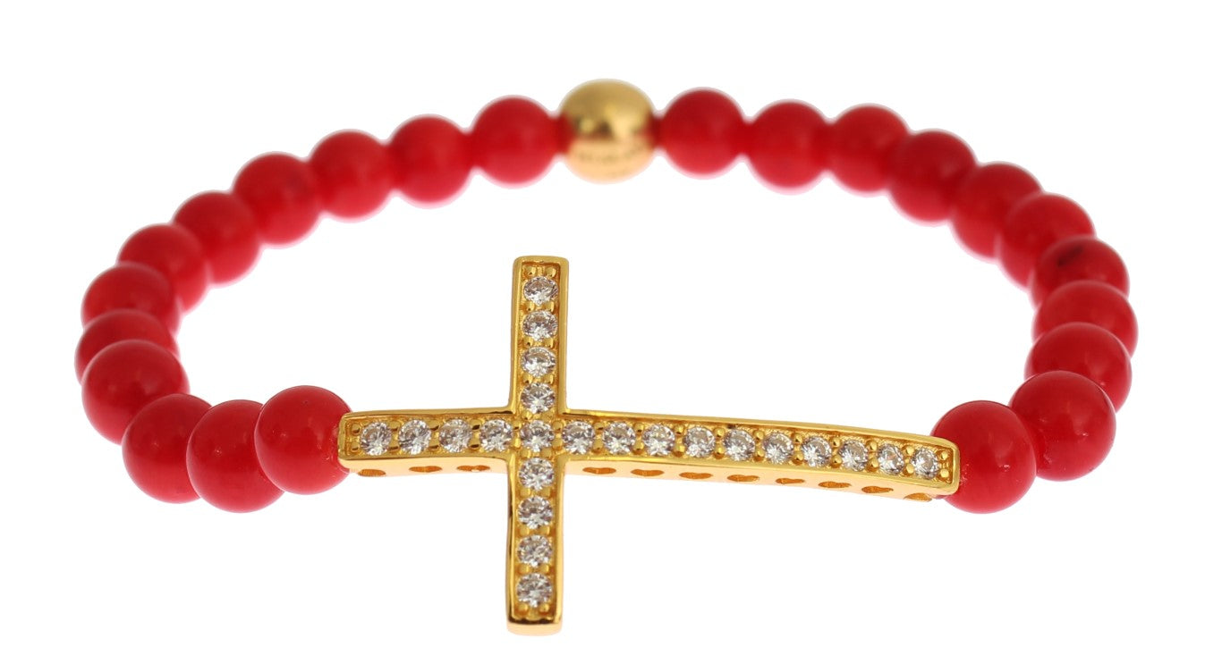Elegante bracciale in perline di corallo rosso e oro