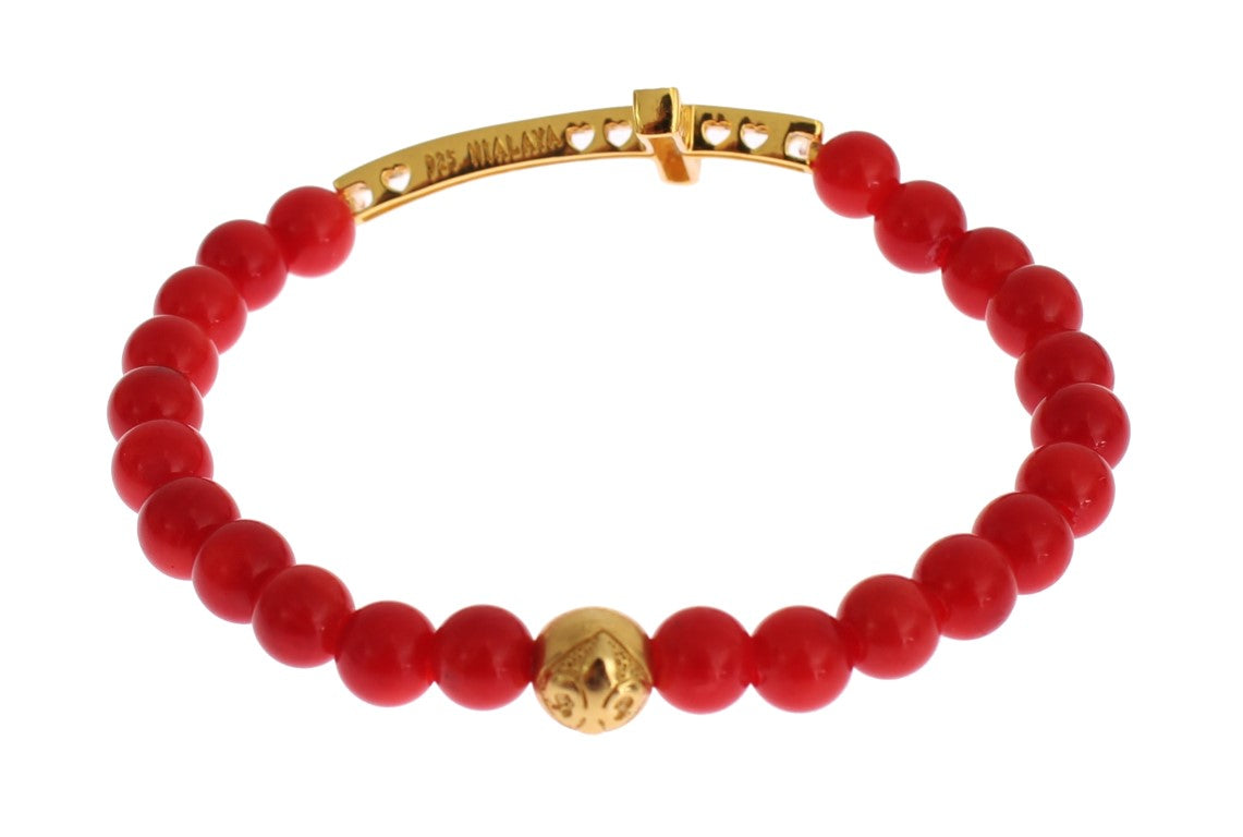 Elegante bracciale in perline di corallo rosso e oro