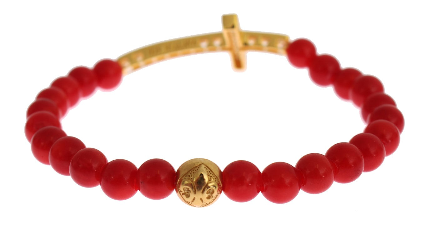 Elegante bracciale in perline di corallo rosso e oro