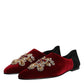 Dolce & Gabbana Black Red Velvet Embellished Slip On Shoes