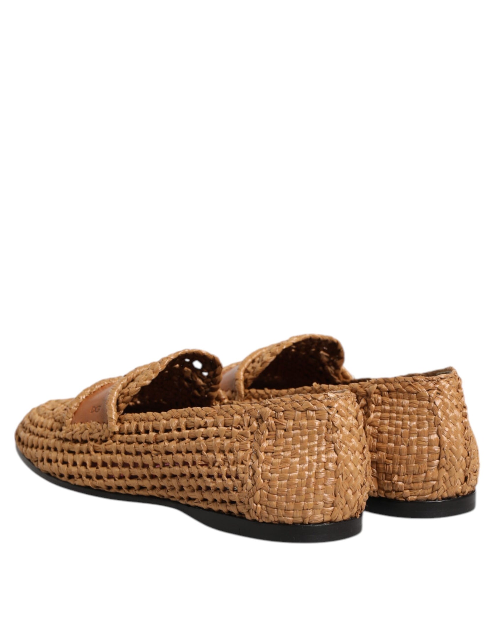 Dolce & Gabbana Brown Woven Raffia Slip On Loafers Shoes