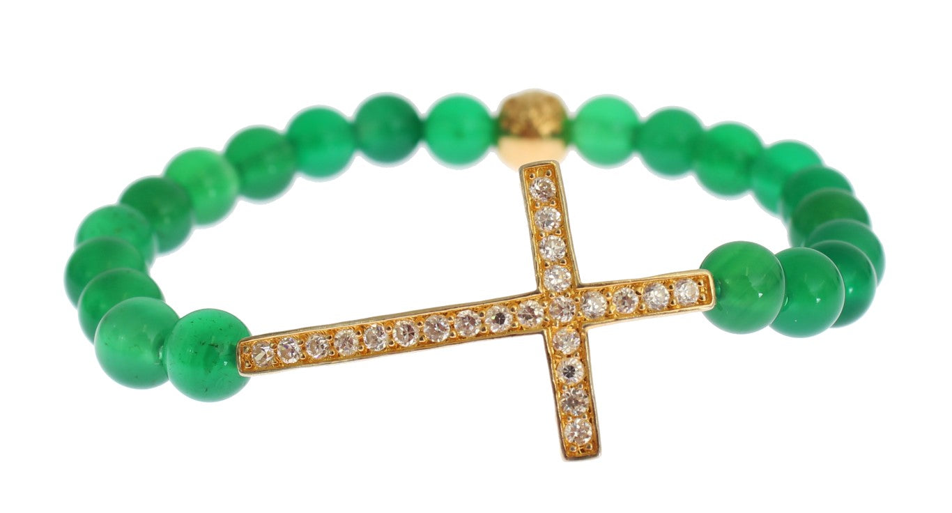 Elegante bracciale con perline di giada verde e placcato oro