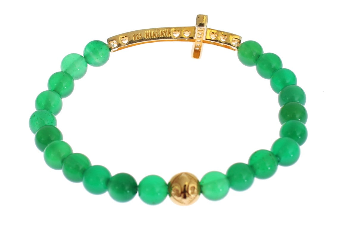 Elegante bracciale con perline di giada verde e placcato oro