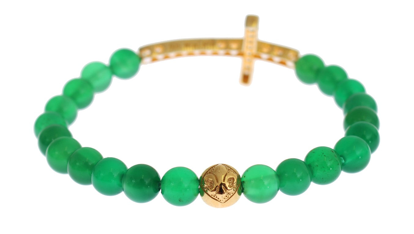 Elegante bracciale con perline di giada verde e placcato oro