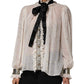 Dolce & Gabbana White Black Silk Long Sleeve Ascot Collar Top